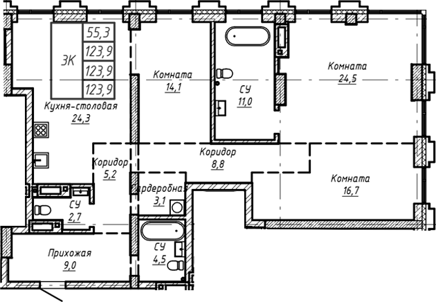 Планировка — Барнаул, 1-комн., 124 м²