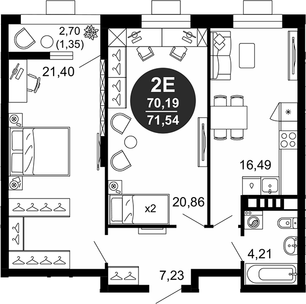 Планировка — 1799, 3-комн., 70 м²