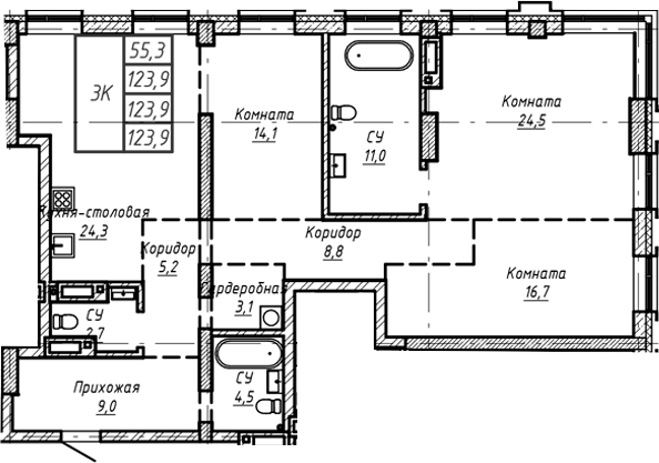Планировка — Барнаул, 1-комн., 124 м²