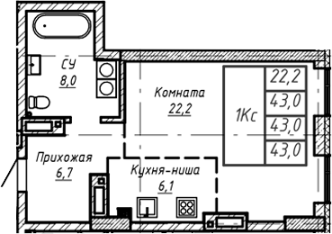 Планировка — Барнаул, 1-комн., 43 м²