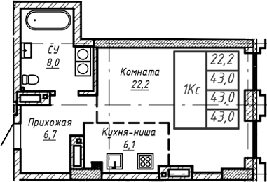 Планировка — Барнаул, 1-комн., 43 м²