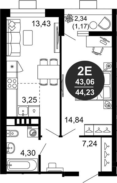 Планировка — 1799, 2-комн., 43 м²