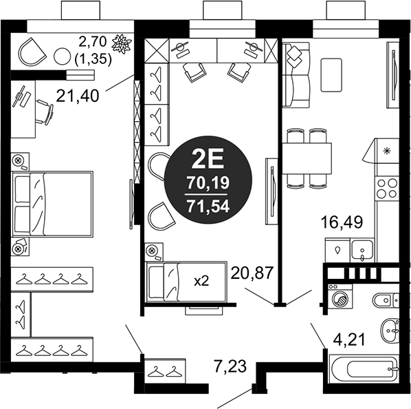 Планировка — 1799, 3-комн., 70 м²