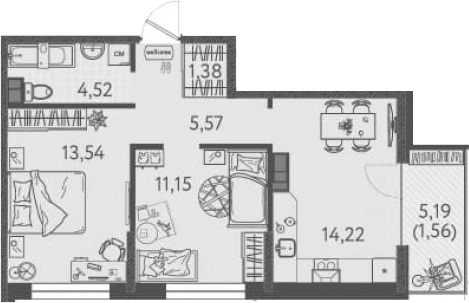 Планировка — Друзья, 2-комн., 50 м²