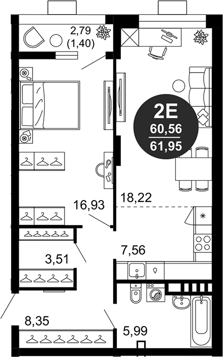 Планировка — 1799, 2-комн., 61 м²