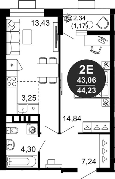 Планировка — 1799, 2-комн., 43 м²