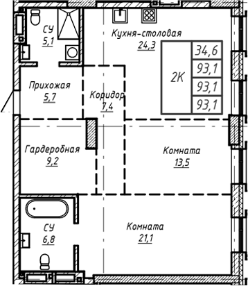 Планировка — Барнаул, 1-комн., 93 м²