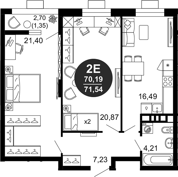 Планировка — 1799, 3-комн., 70 м²