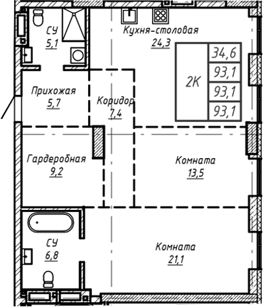 Планировка — Барнаул, 1-комн., 93 м²