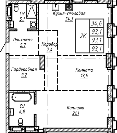 Планировка — Барнаул, 1-комн., 93 м²
