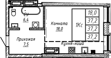 Планировка — Барнаул, 1-комн., 37 м²