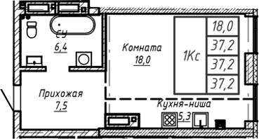 Планировка — Барнаул, 1-комн., 37 м²
