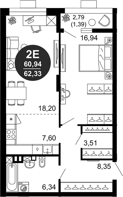 Планировка — 1799, 2-комн., 61 м²