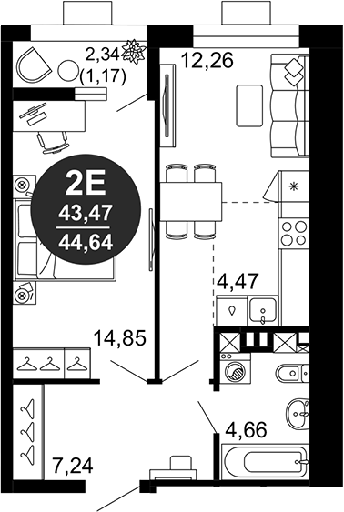 Планировка — 1799, 2-комн., 43 м²