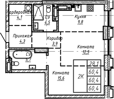 Планировка — Барнаул, 1-комн., 60 м²