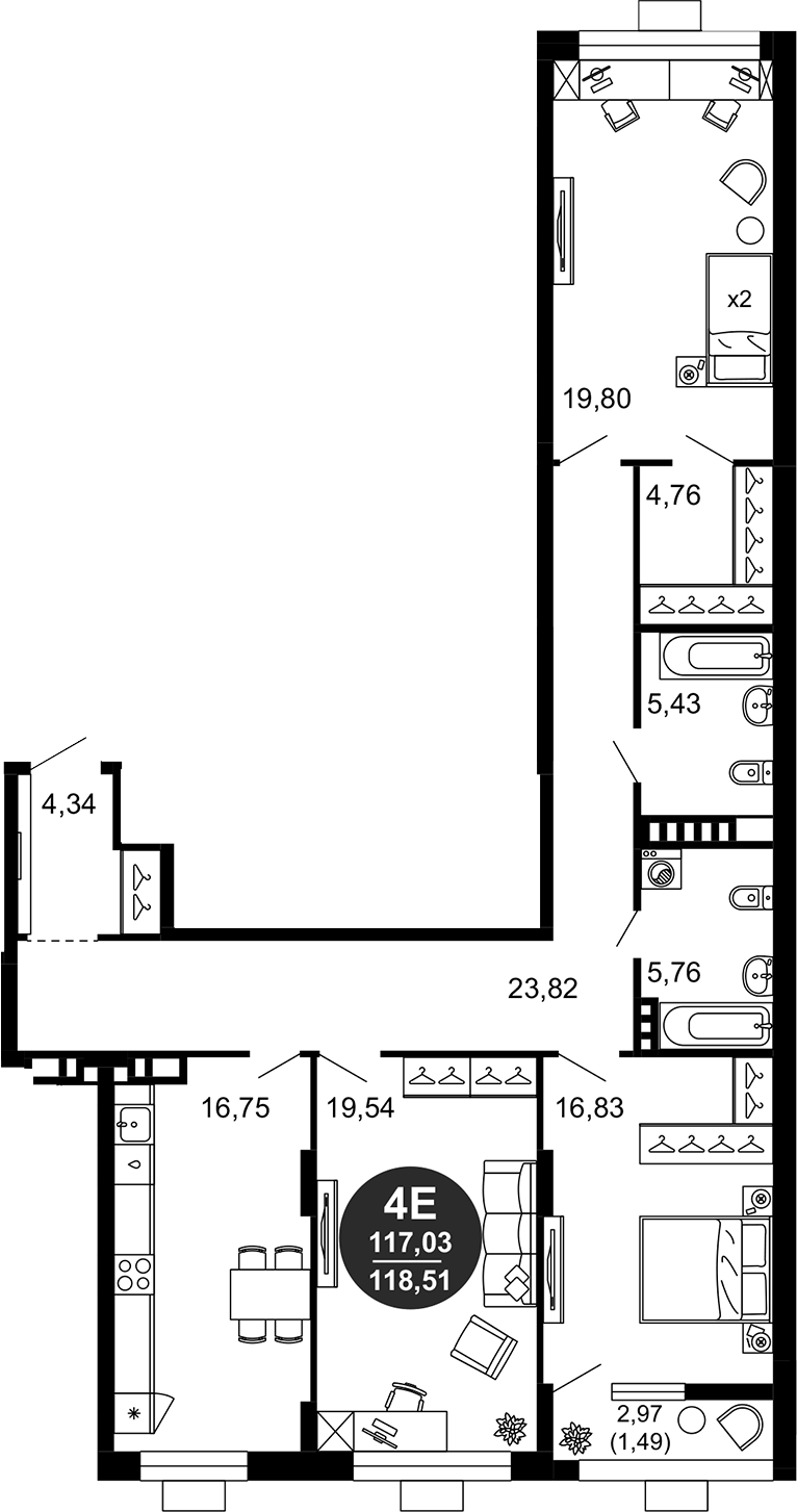 Планировка — 1799, 4-комн., 117 м²