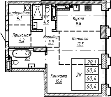 Планировка — Барнаул, 1-комн., 60 м²