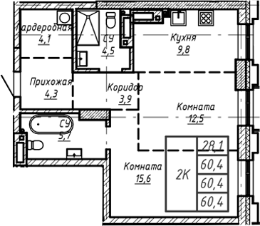 Планировка — Барнаул, 1-комн., 60 м²