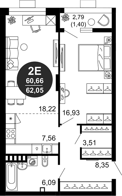 Планировка — 1799, 2-комн., 61 м²