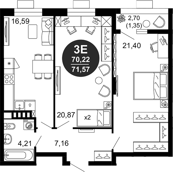 Планировка — 1799, 3-комн., 70 м²