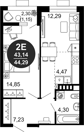Планировка — 1799, 2-комн., 43 м²