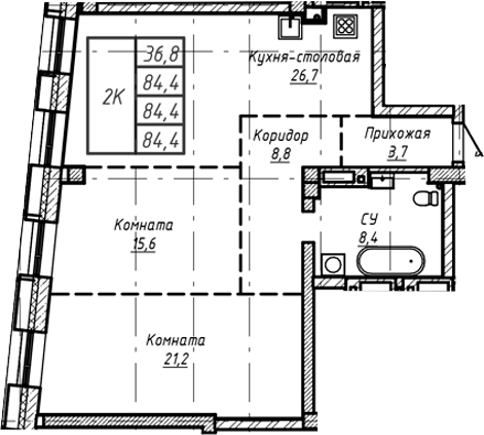 Планировка — Барнаул, 1-комн., 84 м²