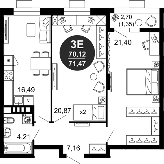 Планировка — 1799, 3-комн., 70 м²