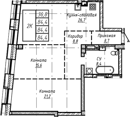 Планировка — Барнаул, 1-комн., 84 м²