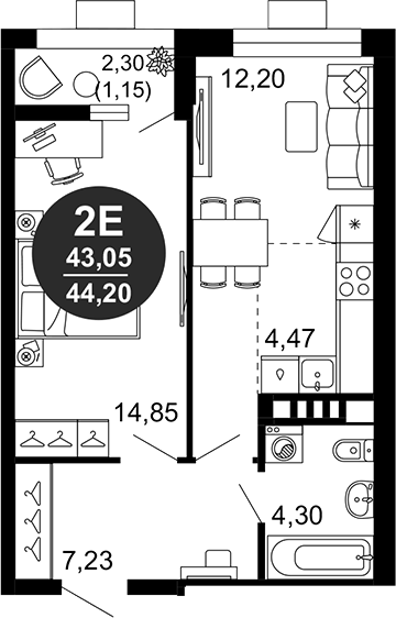 Планировка — 1799, 2-комн., 43 м²