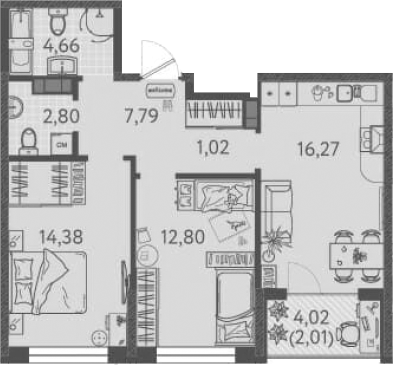 Планировка — Друзья, 2-комн., 59 м²