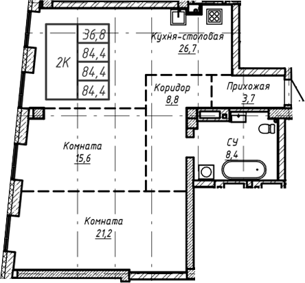 Планировка — Барнаул, 1-комн., 84 м²