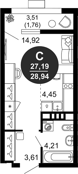 Планировка — 1799, Студия, 27 м²