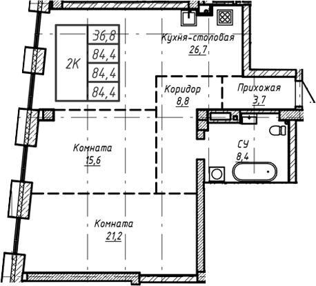 Планировка — Барнаул, 1-комн., 84 м²