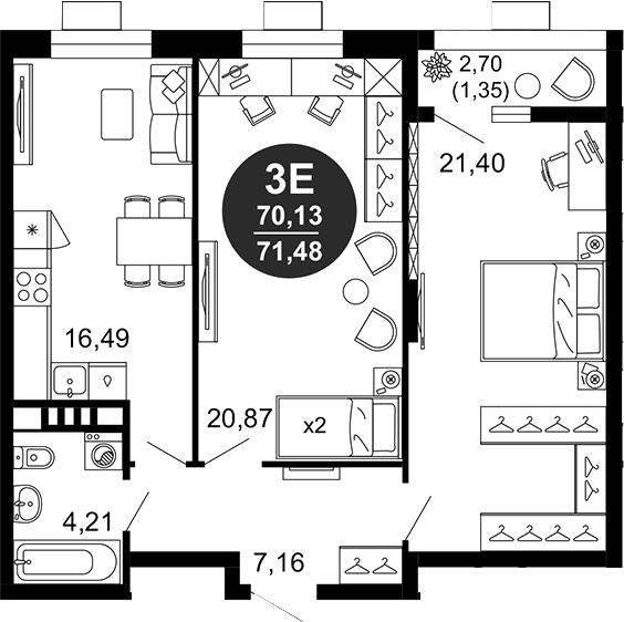 Планировка — 1799, 3-комн., 70 м²