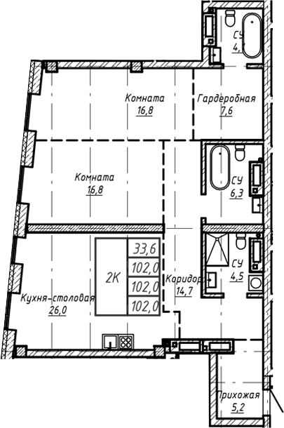 Планировка — Барнаул, 1-комн., 102 м²