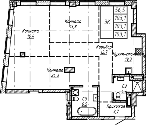 Планировка — Барнаул, 1-комн., 103 м²