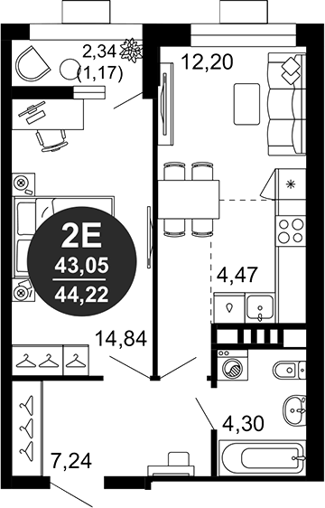 Планировка — 1799, 2-комн., 43 м²