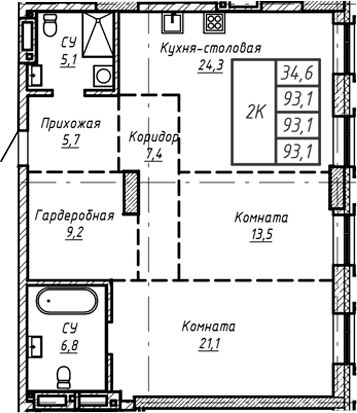 Планировка — Барнаул, 1-комн., 93 м²