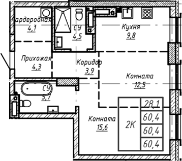 Планировка — Барнаул, 1-комн., 60 м²