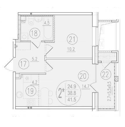 Планировка — Состояние, 2-комн., 39 м²