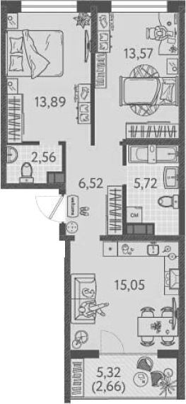 Планировка — Друзья, 2-комн., 57 м²