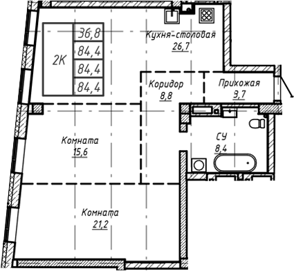 Планировка — Барнаул, 1-комн., 84 м²