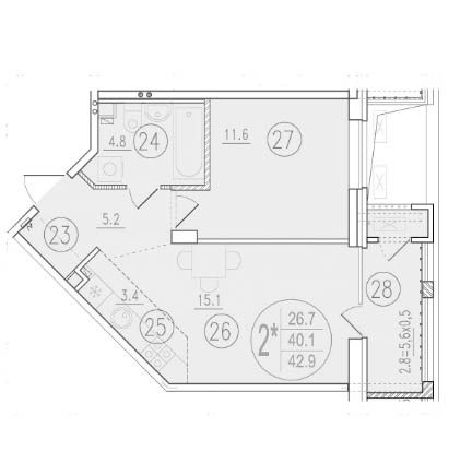 Планировка — Состояние, 2-комн., 40 м²