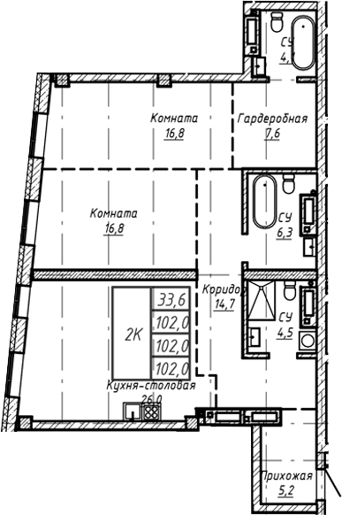 Планировка — Барнаул, 1-комн., 102 м²