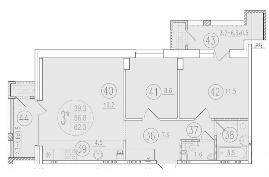 Планировка — Состояние, 3-комн., 57 м²