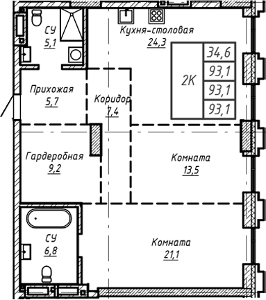 Планировка — Барнаул, 1-комн., 93 м²