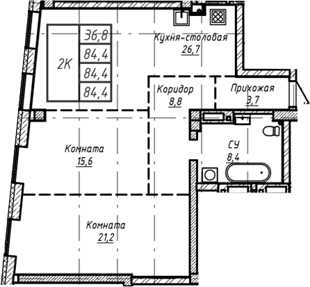 Планировка — Барнаул, 1-комн., 84 м²