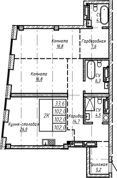 Планировка — Барнаул, 1-комн., 102 м²