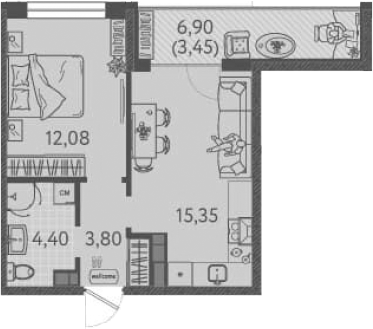 Планировка — Друзья, 1-комн., 35 м²
