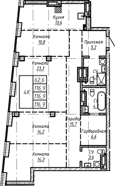 Планировка — Барнаул, 1-комн., 117 м²